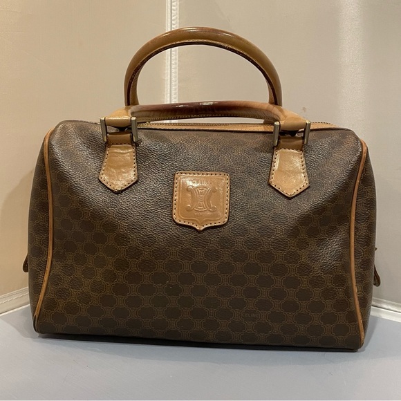 Celine Handbags - Used Celine Macadam Beige Brown Leather VTG Boston Satchel Bag Purse Authentic!